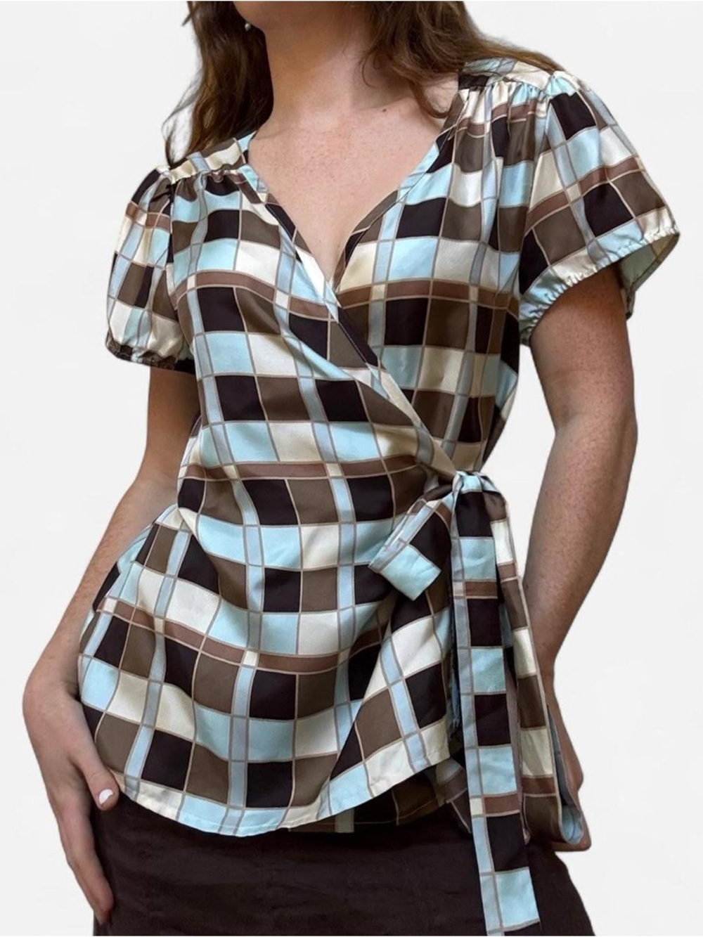 Y2K banana republic checkered silk wrap blouse